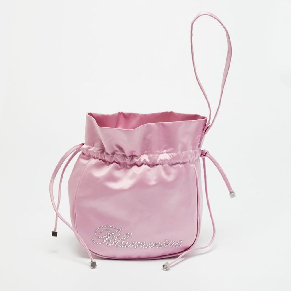 Blumarine Rhinestone Logo Dalia Pink Satin Drawstring Pouch